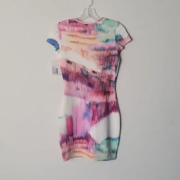 NWT Isla Lulu White Pink BodyCon Cocktail Club Watercolor Summer Mini Dress S - Picture 7 of 7